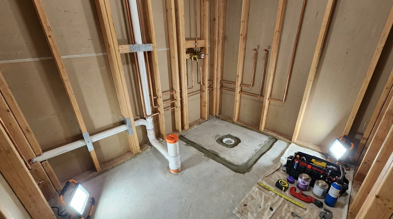 Bathroom rough-in plumbing during remodel by Johns Plumbing LLC in Idabel