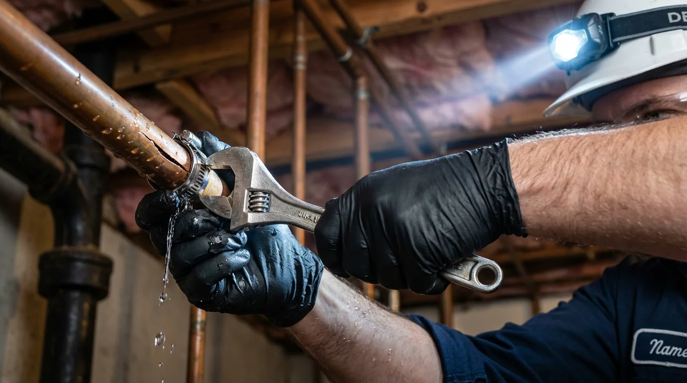 Emergency pipe clamp repair being performed by a Johns Plumbing LLC plumber in Idabel