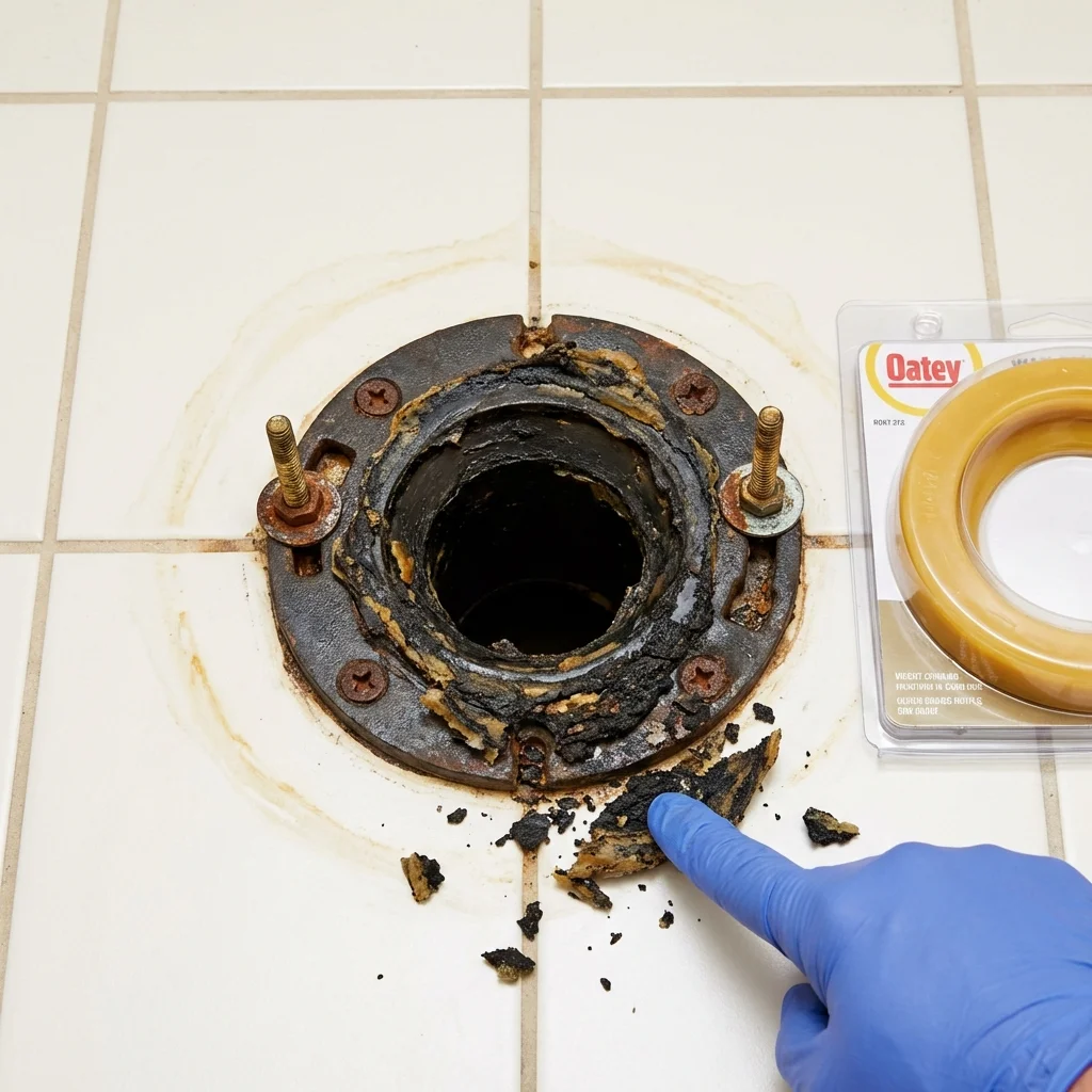 Failed wax ring showing water seepage at the base of a toilet in a Idabel, OK home